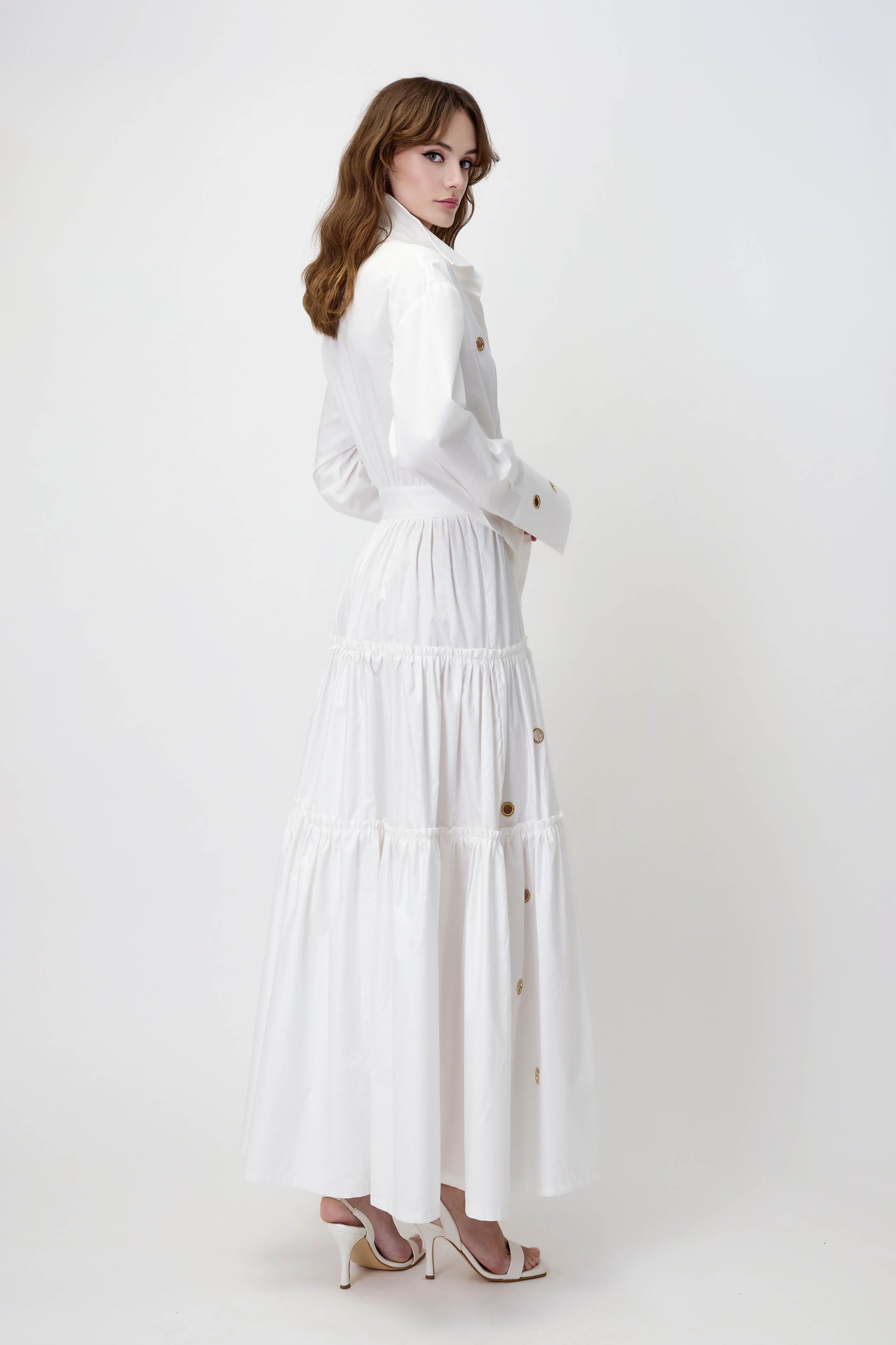 Poplin Maxi Dress with Gold Rings in White