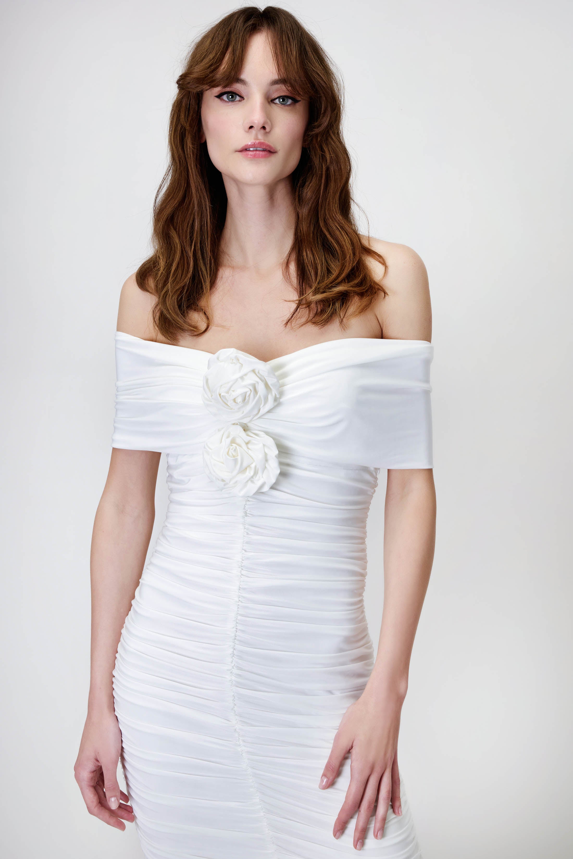 Bardot Dress with Rose in White