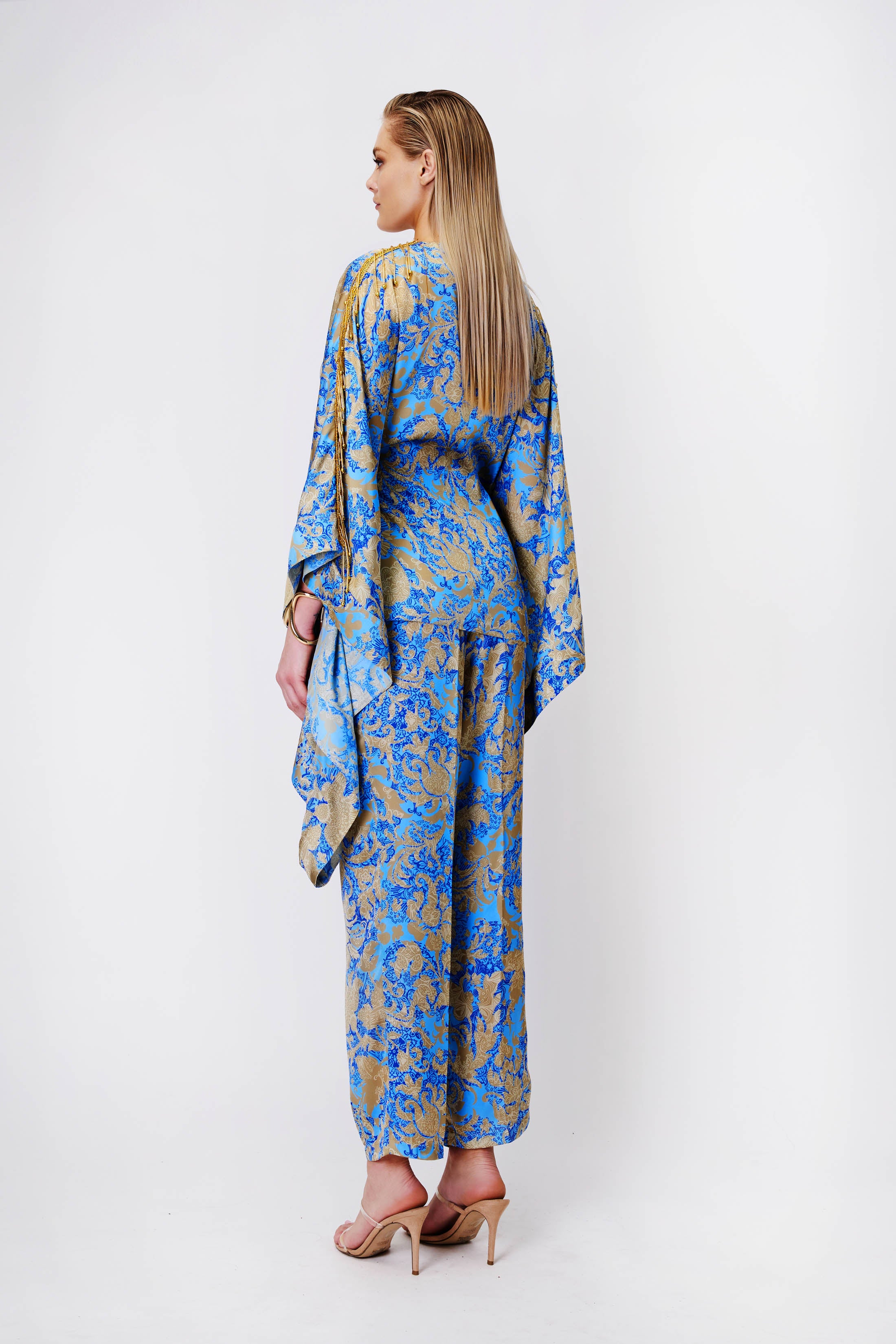 Kimono & Trousers Set with Fringe in Blue Print