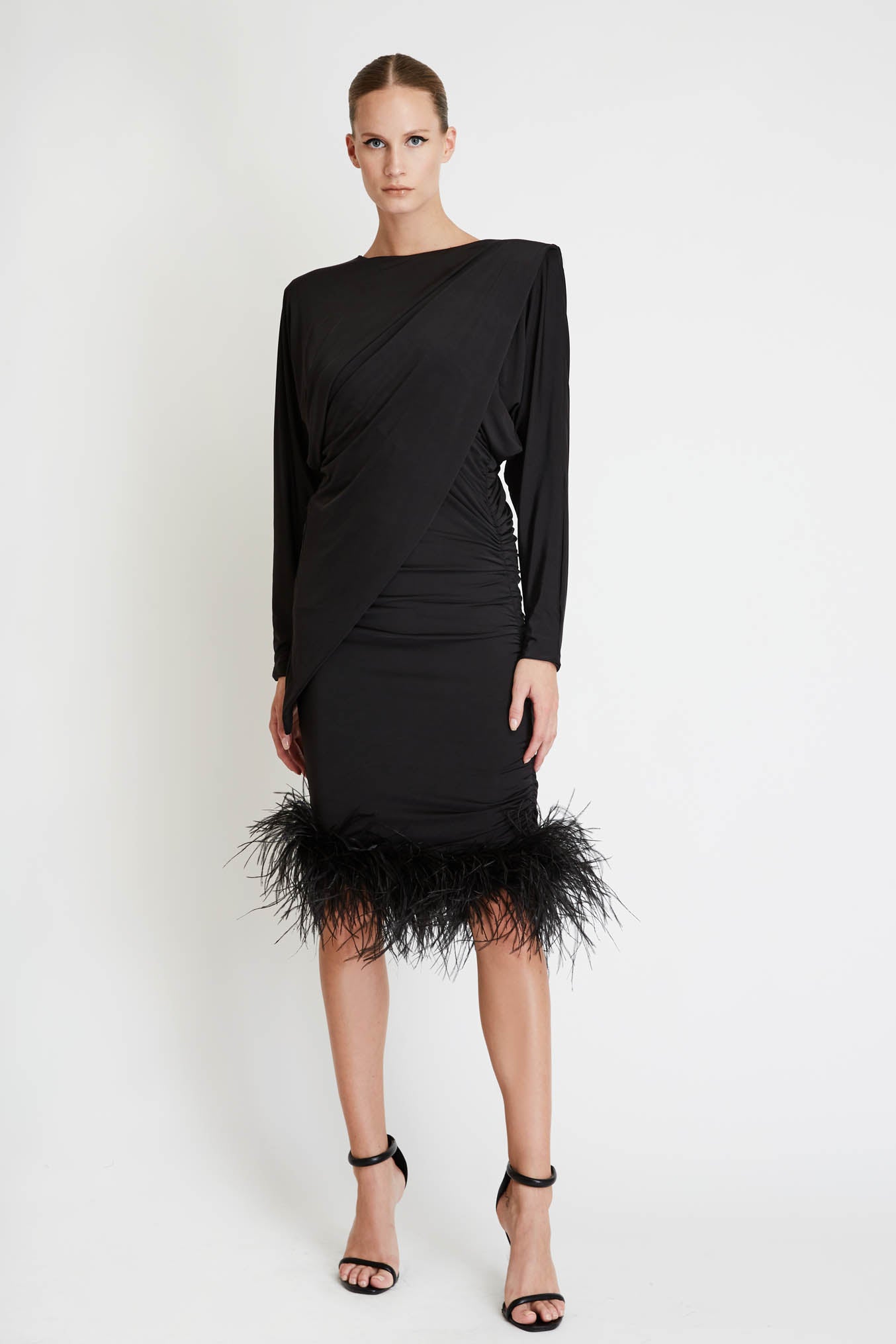 Midi Dress with Folds and Feathers