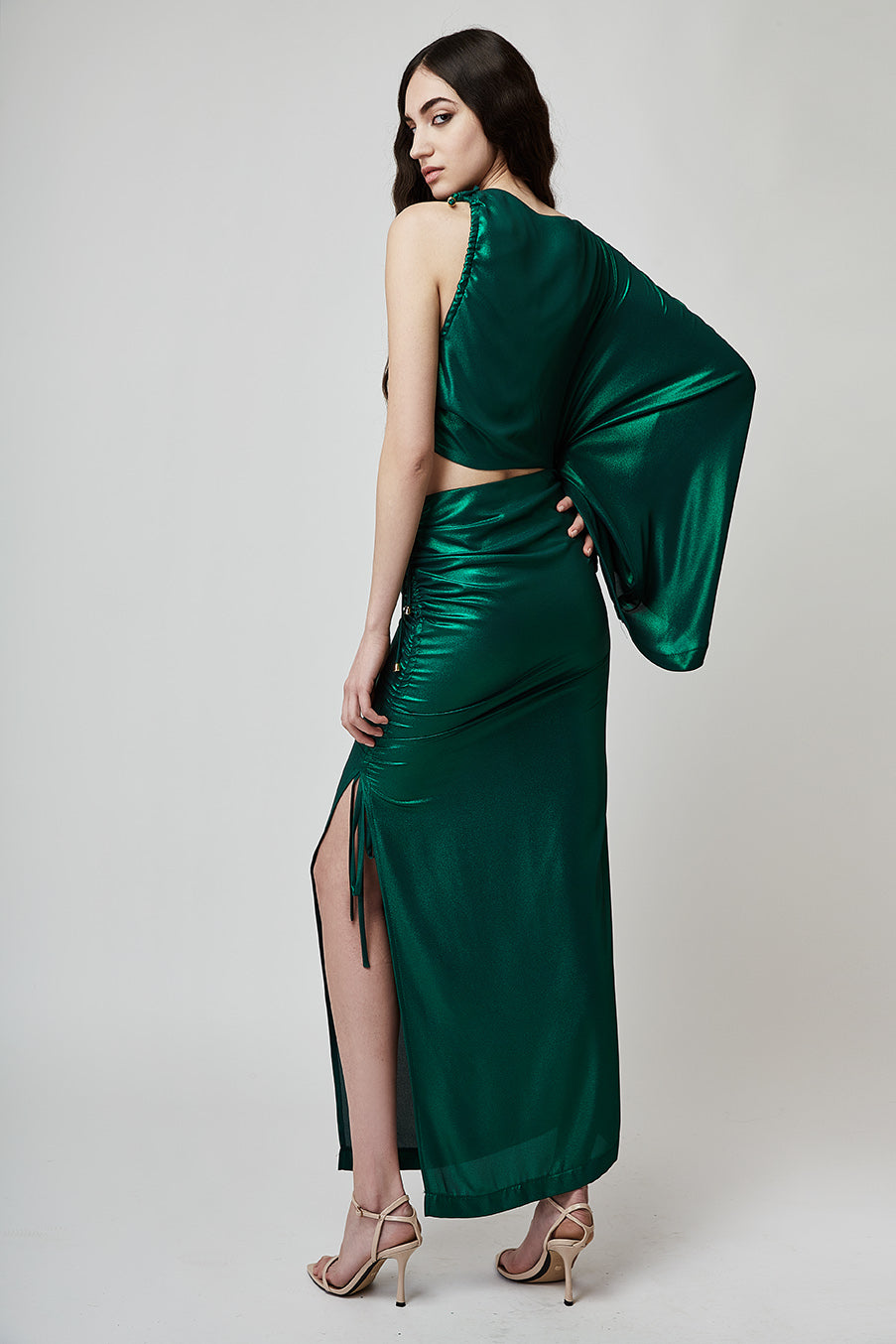 ONE-SLEEVE METALLIC MAXI DRESS WITH SIDE-SLIT