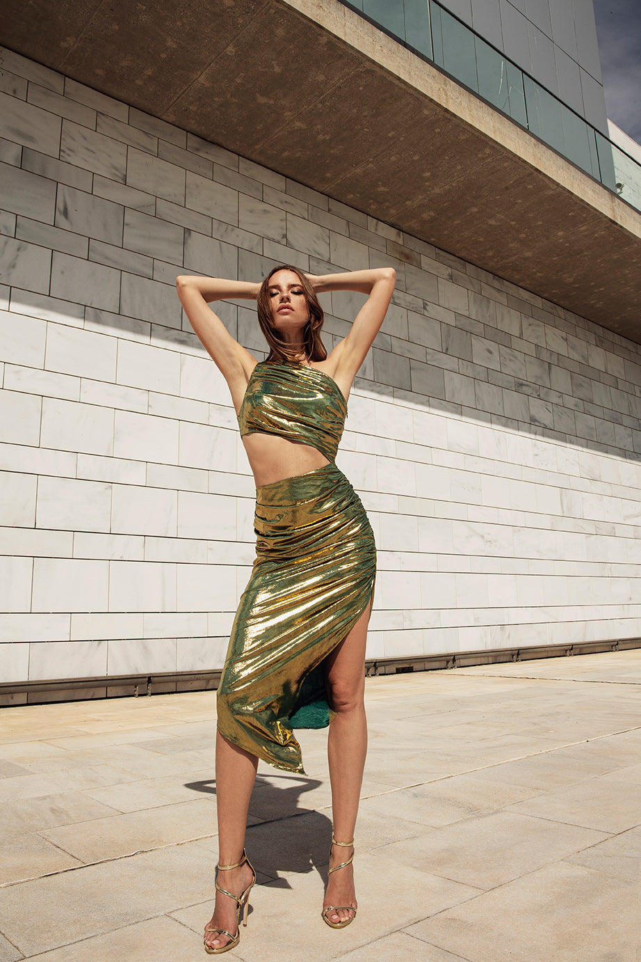 Cut-Out Dress in Gold Metallic Jersey